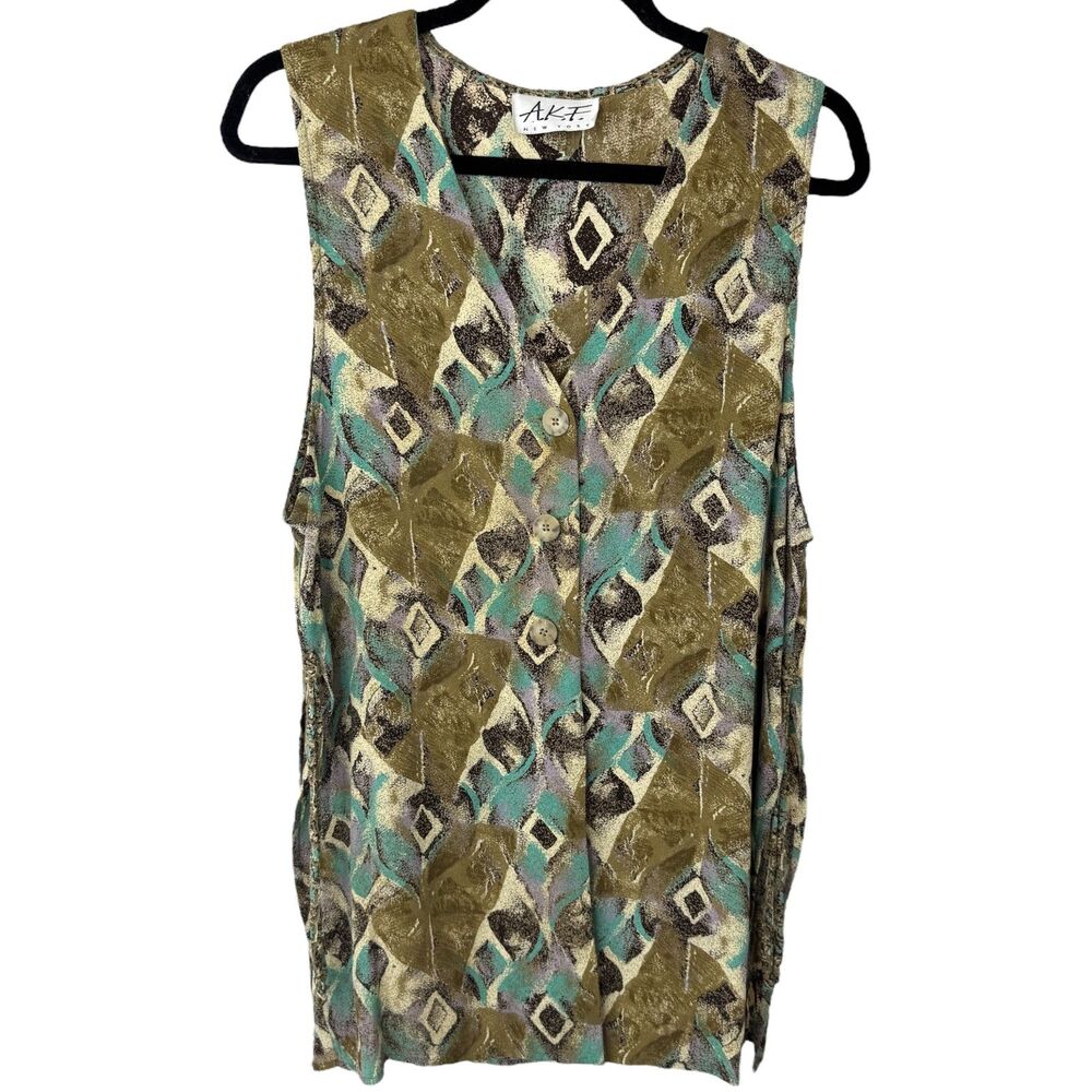 A.K.F. New York Vintage pattern button Vest Tan, teal & purple Size Medium